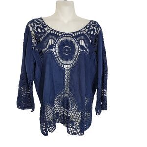Skylar & Jade Womens Top Medium Blue Cotton Crochet Boho 3/4 Bell Sleeve Boho